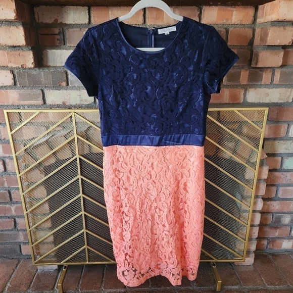 DOWNEAST Blue and Peach Lace Midi Dress. Size Medium - Picture 3 of 16